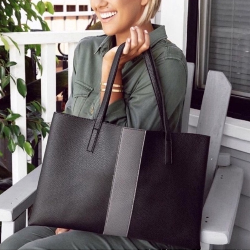 Vince Camuto Vegan pebbled Leather black/gray vertical stripe tote bag